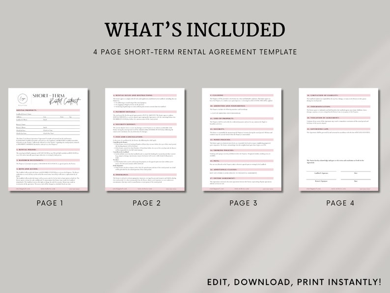 Short-term rental Airbnb contract template with sections for renter information, rental period, rules and restrictions, payment details, security deposit, and more. The form is organized with clear headings & customizable fields for editing in Canva.