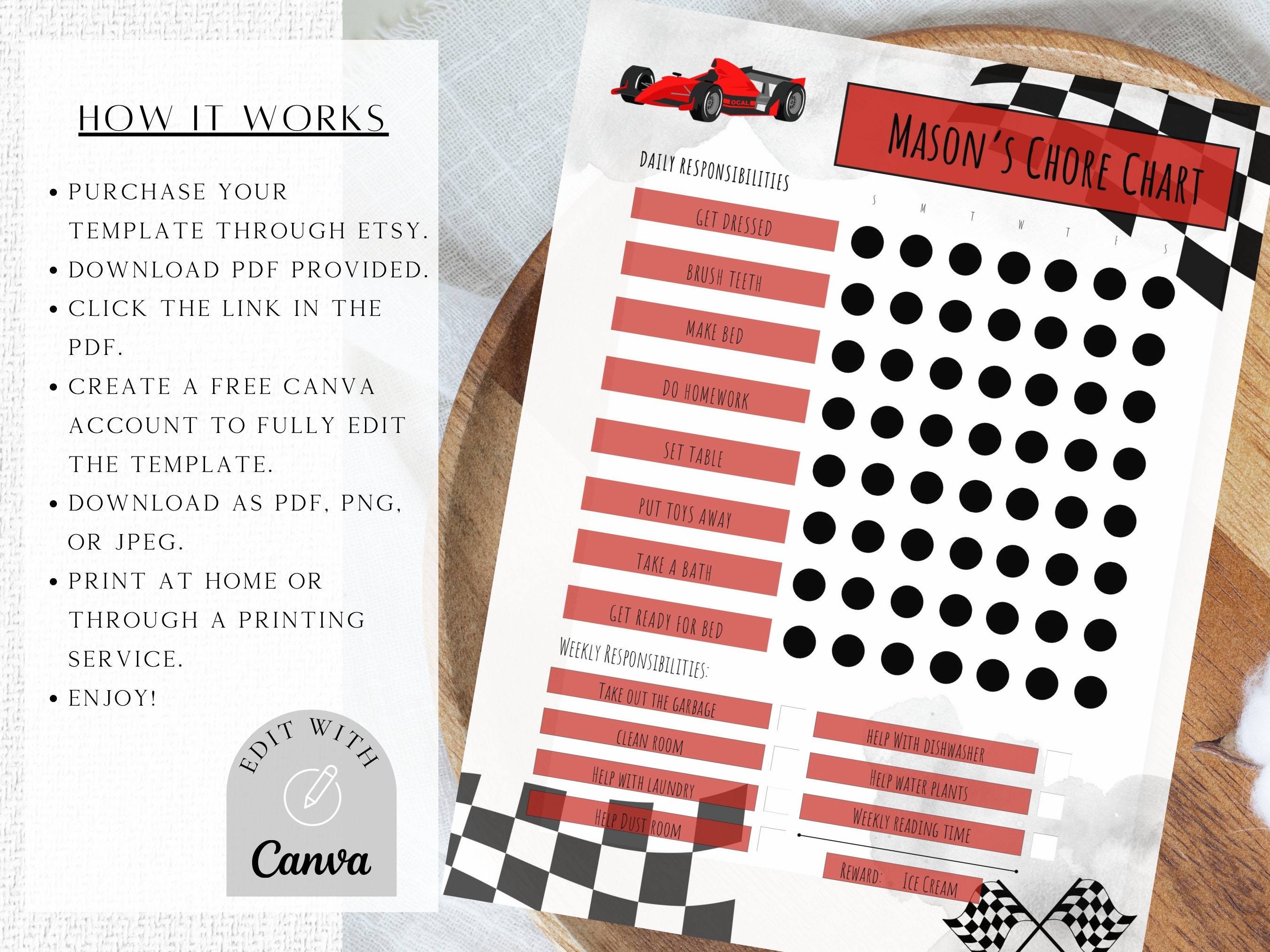 EDITABLE Race Car Chore Chart Printable Reward Chart Etsy Australia