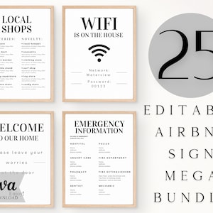 Szablon pakietu znaków Airbnb, edytowalny Airbnb, znaki wynajmu domu, znak Wi-Fi, powitalna książka Airbnb, lista kontrolna, gospodarz Airbnb, proste znaki
