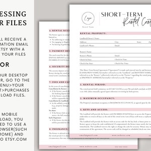 Short-term rental Airbnb contract template with sections for renter information, rental period, rules and restrictions, payment details, security deposit, and more. The form is organized with clear headings & customizable fields for editing in Canva.