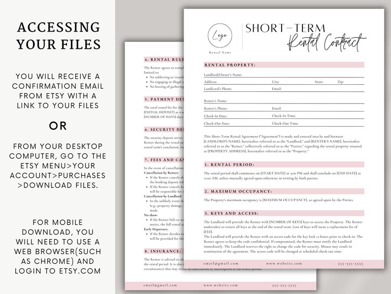 Short-term rental Airbnb contract template with sections for renter information, rental period, rules and restrictions, payment details, security deposit, and more. The form is organized with clear headings & customizable fields for editing in Canva.