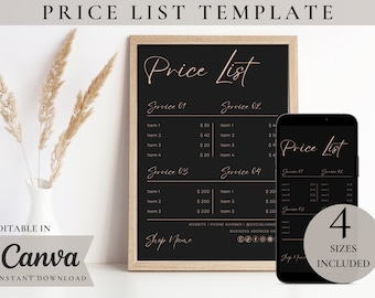 Modello di listino prezzi Foglio guida stampabile per i prezzi fai da te per piccole imprese Modello Canva modificabile per parrucchiere per trucco per unghie per salone di bellezza