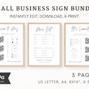 May include: Three printable signs for a small business. The first sign says "Scan to Pay" and has a QR code, the second sign says "Price List" and has a price list table, and the third sign says "Let's Connect" and has social media icons and QR codes. The signs are in a minimalist style with black text on a white background.