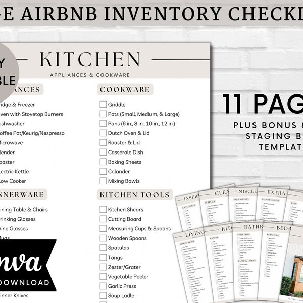 Modèle de liste de contrôle d'inventaire Airbnb, liste modifiable des éléments essentiels d'Airbnb, téléchargement de location de vacances imprimable, guide des commodités de l'hôte