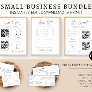 May include: A set of printable business signs for a small business. The signs include a scan to pay sign, a price list sign, a social media sign, a gift certificate, and a thank you card. The signs are black and white with a modern minimalist design.