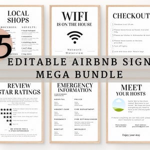 Szablon pakietu znaków Airbnb, edytowalny Airbnb, znaki wynajmu domu, znak Wi-Fi, powitalna książka Airbnb, lista kontrolna, gospodarz Airbnb, proste znaki