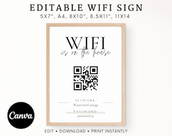 Wifi Password Sign, QR Code Sign, Editable Airbnb Wifi Sign Template, Printable Wifi Sign, Airbnb Signs, Airbnb Welcome Sign, Internet Sign