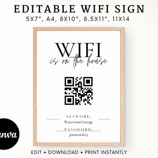 Wifi Password Sign, QR Code Sign, Editable Airbnb Wifi Sign Template, Printable Wifi Sign, Airbnb Signs, Airbnb Welcome Sign, Internet Sign