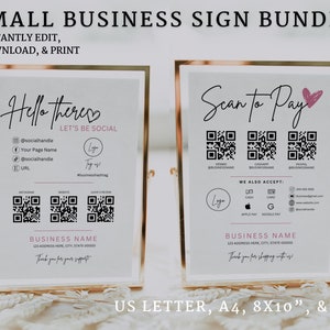 Business Sign Templates Bundle, Social Media Sign Printable, Custom QR Code Sign, Instagram Facebook Follow Us Sign, Scan to Pay Sign Canva