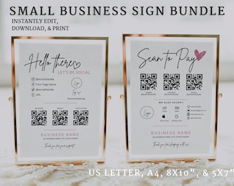Business Sign Templates Bundle, Social Media Sign Printable, Custom QR Code Sign, Instagram Facebook Follow Us Sign, Scan to Pay Sign Canva