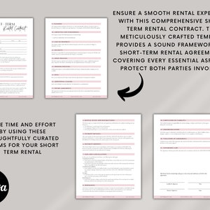 Short-term rental Airbnb contract template with sections for renter information, rental period, rules and restrictions, payment details, security deposit, and more. The form is organized with clear headings & customizable fields for editing in Canva.