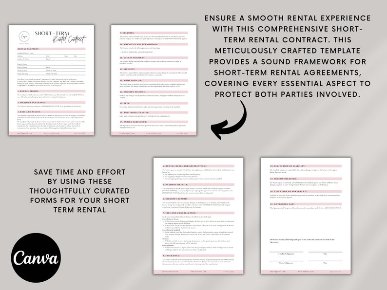 Short-term rental Airbnb contract template with sections for renter information, rental period, rules and restrictions, payment details, security deposit, and more. The form is organized with clear headings & customizable fields for editing in Canva.