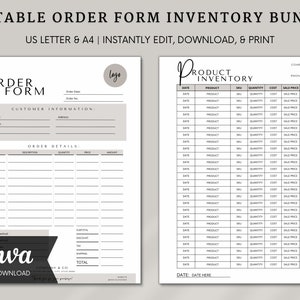 May include: Editable order form and product inventory template in black and white with gray accents. The order form includes sections for customer information, order details, payment method, subtotal, discount, tax, shipping, and total. The product inventory template includes columns for date, product, SKU, quantity, cost, sale price, and profit.