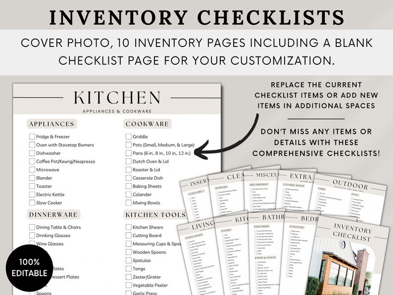 K&ouml;nnte beinhalten: Eine druckbare Checkliste zur Organisation des K&uuml;cheninventars. Die Checkliste umfasst Abschnitte f&uuml;r Ger&auml;te, Kochgeschirr, Geschirr und K&uuml;chenutensilien. Die Checkliste ist zu 100% bearbeitbar und enth&auml;lt ein Titelbild.