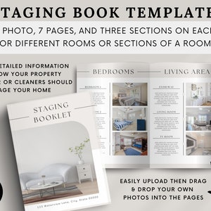 K&ouml;nnte beinhalten: Eine wei&szlig;e und graue Staging-Booklet-Vorlage mit einem Titelbild eines wei&szlig;en Sofas und einer Pflanze. Das Booklet hat 7 Seiten mit drei Abschnitten auf jeder Seite f&uuml;r verschiedene R&auml;ume oder Abschnitte eines Raumes. Der Text auf dem Cover lautet "Staging Booklet" und "123 Waterview Lane, City, State 00000".
