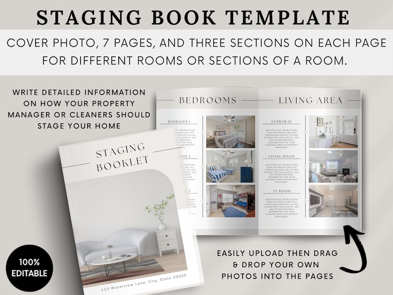 K&ouml;nnte beinhalten: Eine wei&szlig;e und graue Staging-Booklet-Vorlage mit einem Titelbild eines wei&szlig;en Sofas und einer Pflanze. Das Booklet hat 7 Seiten mit drei Abschnitten auf jeder Seite f&uuml;r verschiedene R&auml;ume oder Abschnitte eines Raumes. Der Text auf dem Cover lautet "Staging Booklet" und "123 Waterview Lane, City, State 00000".