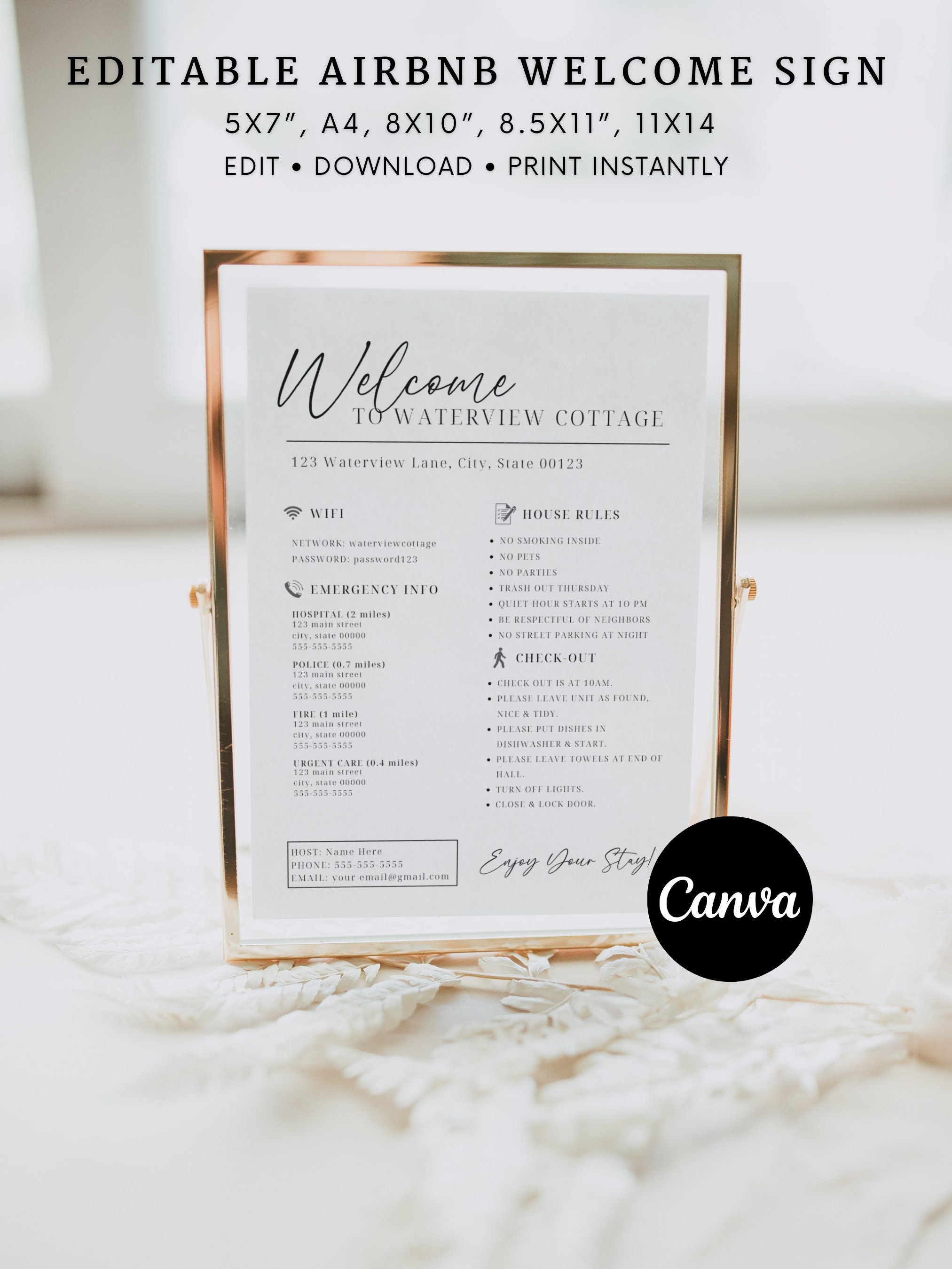 Airbnb Welcome Sign, Editable Airbnb Sign Template, Wifi Password Sign, Airbnb House Rules, Airbnb Canva Template, VRBO Vacation Rental Sign