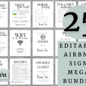 Edytowalny szablon pakietu znaków Airbnb, VRBO, Znaki do wynajęcia domu, Znak Wi-Fi, Książka powitalna Airbnb, Lista kontrolna, Gospodarz Airbnb, Proste znaki