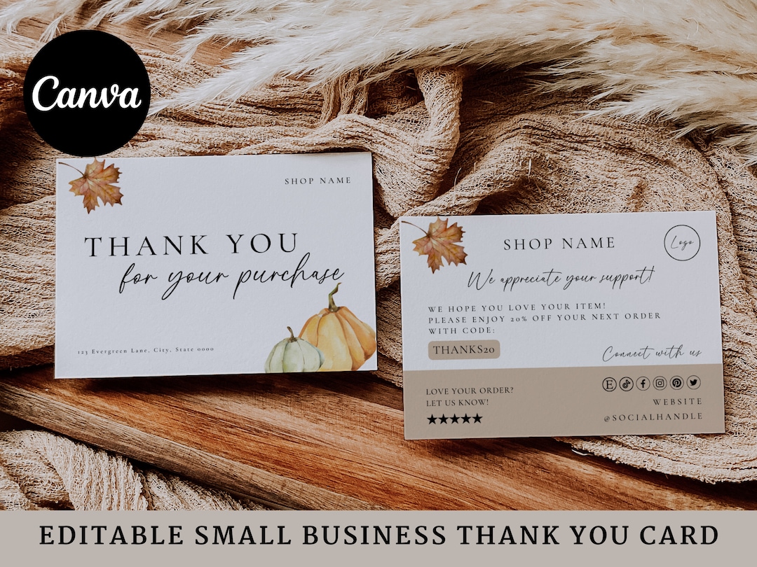 Pumpkin Fall Business Thank You Card Template, Editable Small Business ...