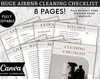 May include: A printable cleaning checklist for Airbnb hosts. The checklist is divided into sections for different rooms, such as the kitchen, bathroom, and living room. The checklist includes tasks such as cleaning and disinfecting surfaces, dusting furniture, and changing linens. The checklist is designed to help hosts ensure that their properties are clean and welcoming for guests. The checklist is also available as an 8-page staging book template.