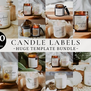 Könnte beinhalten: Eine Sammlung von 200 Kerzen-Etikettenvorlagen in verschiedenen Stilen und Designs. Die Etiketten enthalten Text wie "Pumpkin Spice", "Vanilla Mint", "Rose Water", "Cocoa Kids", "Gingerbread Man", "Sunflower Fields", "Balsam Cedar", "Fresh Pine", "Autumn Leaves" und "Pumpkin Cider".