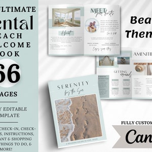 May include: A beach-themed welcome book template for holiday rentals. The cover features a beach scene with footprints in the sand and the text "Serenity by the Sea". The book includes 66 pages and is fully customisable in Canva.
