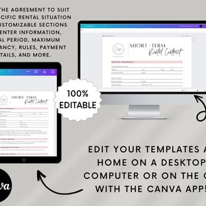 Short-term rental Airbnb contract template with sections for renter information, rental period, rules and restrictions, payment details, security deposit, and more. The form is organized with clear headings & customizable fields for editing in Canva.