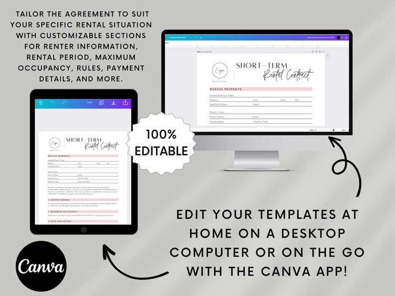 Short-term rental Airbnb contract template with sections for renter information, rental period, rules and restrictions, payment details, security deposit, and more. The form is organized with clear headings & customizable fields for editing in Canva.