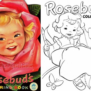 ヴィンテージ 印刷可能なローズバッドの塗り絵 1952 PDF インスタントデジタルダウンロード かわいいキッチュな男の子と女の子の遊ぶ子供たち 34 ページ A3