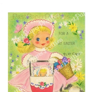 Boneca de papel vintage da Páscoa e sua boneca com carrinho de bebê Cartão impresso dobrado c. 1950s PDF Download digital instantâneo Cartão de jogo bonito