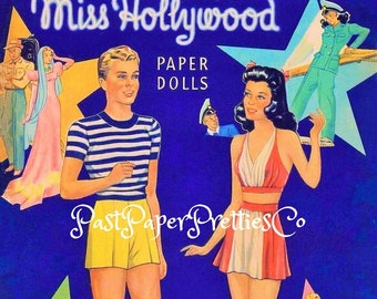 Lalka papierowa w stylu vintage, Miss Hollywood 1942, do druku w formacie PDF, do natychmiastowego pobrania w wersji cyfrowej. Piękna hollywoodzka aktorka, lalka-gwiazdka, grafika wektorowa