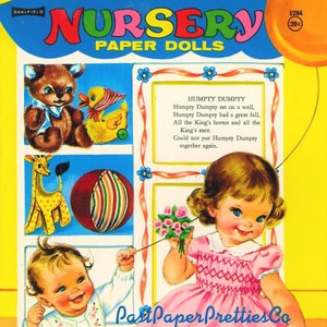 Vintage kinderkamer papieren poppen 1969 afdrukbare pdf instant digitale download kitscherige schattige baby- en peuterpoppen illustraties