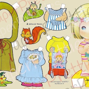 10 ensembles de feuilles de collage vintage de poupées en papier espagnoles mignonnes aux grands yeux Images clipart kitsch filles imprimables en téléchargement numérique des années 1980