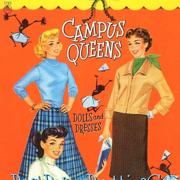 Vintage Paper Dolls Campus Queens Dolls & Dresses 1957 Printable PDF Instant Digital Download Pretty College Girls University Students