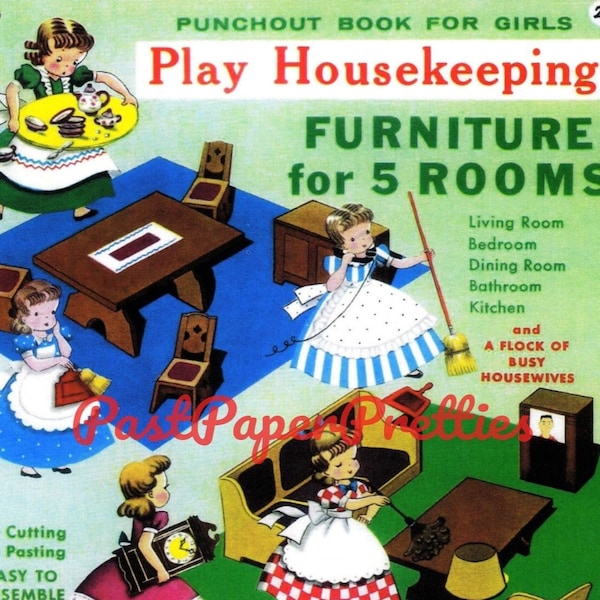Vintage Printable Doll House Furniture Paper Dolls Lets Play Housekeeping Dollhouse Playset 1961 PDF Instant Digital Download