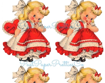 May include: A sheet of four identical illustrations featuring a blonde child with a large white bow and a red hair ribbon, wearing a white dress with blue polka dots and a red apron, holding a red heart with the text Hi, Honey! written on it.