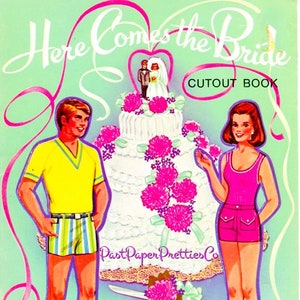 Vintage Paper Dolls Here Comes The Bride Retro 1971 PDF imprimable Téléchargement numérique groovy poupées et vêtements de fête de mariage Clip Art