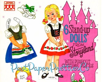May include: A set of six paper dolls with push-out costumes. The dolls are dressed in traditional German clothing. The dolls are from Storyland. The dolls are ready to be cut out and played with.