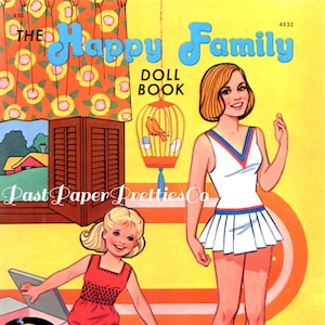 Vintage Papierpuppen Die glückliche Familie Puppenbuch 1973 Druckbare PDF Sofortiger digitaler Download Retro Mama Papa Familie Kinder Groovy Outfits Clipart