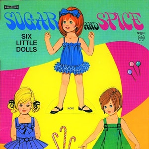 Vintage Paper Dolls Sugar and Spice 1977 zes schattige kleine meisjes afdrukbare pdf instant digitale download kitsch kawaii illustraties