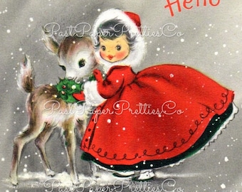 Vintage Printable Pretty Christmas Girl with Red Coat and Reindeer Card Image Retro 1950s Instant Digital Download Kitsch Holiday Clipart