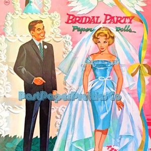 Bambole di carta vintage per matrimonio, festa nuziale, 1959, PDF stampabile, download digitale istantaneo, 5 bambole e vestiti retrò per matrimonio, clipart