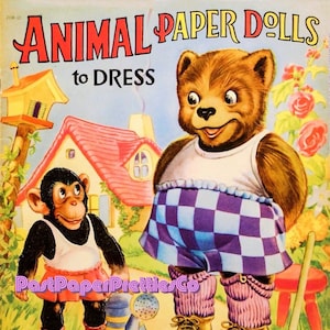 Vintage Tier Papierpuppen zum Kleid 1930er Jahre Druckbare PDF Sofortiger digitaler Download Kitsch Bär Schimpanse Schwein und Katze und Kleidung Cliaprt