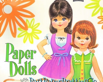 Muñecas de papel vintage con disfraces de encaje, 1969. Descarga digital instantánea en PDF imprimible. Dos lindas muñecas amigas de los años 60. Clip art de moda.