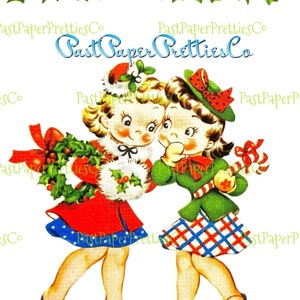 Vintage afdrukbare Darling kerst meisjes kleine dames vriendinnen BFF kaart afbeelding jaren 1940 PDF Instant Digitale Download Kitschmas clipart