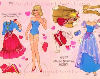 Muñeca de papel Pretty Patti de San Valentín vintage, tarjeta plegable imprimible de los años 80 en formato PDF, descarga digital instantánea. Muñeca para vestir y su ropa.