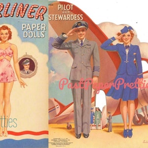 Vintage Paper Dolls Airliner Pilot and Stewardess 1941 Printable PDF Instant Digital Download WWII Era Aviator Wartime Dolls Clip Art