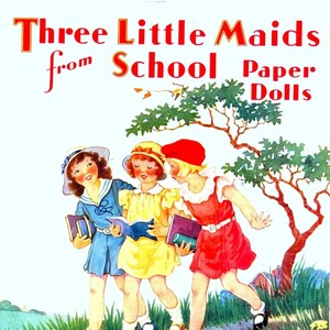 Vintage Papierpuppen drei kleine Mädchen aus der Schule 1943 PDF Druckbare Sofortiger Digitaler Download Süße Freundinnen Freundschaft ClipArt