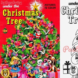 Libro para colorear de Navidad vintage bajo el árbol de Navidad, década de 1970, PDF imprimible, descarga digital instantánea, 68 páginas, recuerdos de las vacaciones de la infancia