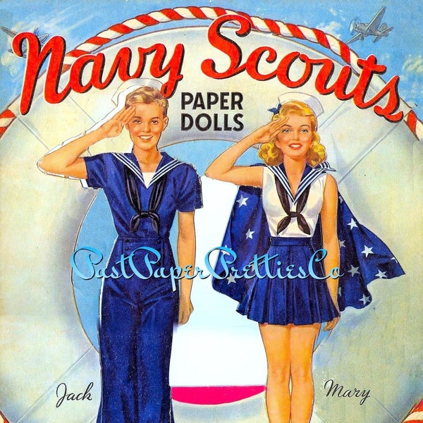 Vintage Paper Dolls Navy Scouts 1942 Printable PDF Instant Digital Download WWII Naval Sea Force Boy Girl Military Wartime Clip Art